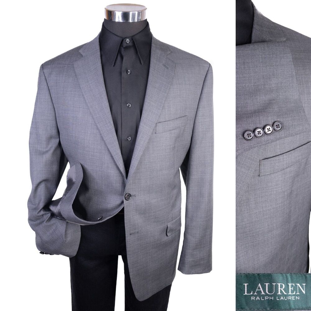 Ralph Lauren Solid Gray Suit Jacket Sport Coat Blazer Two Button Sz 46R Wool EUC